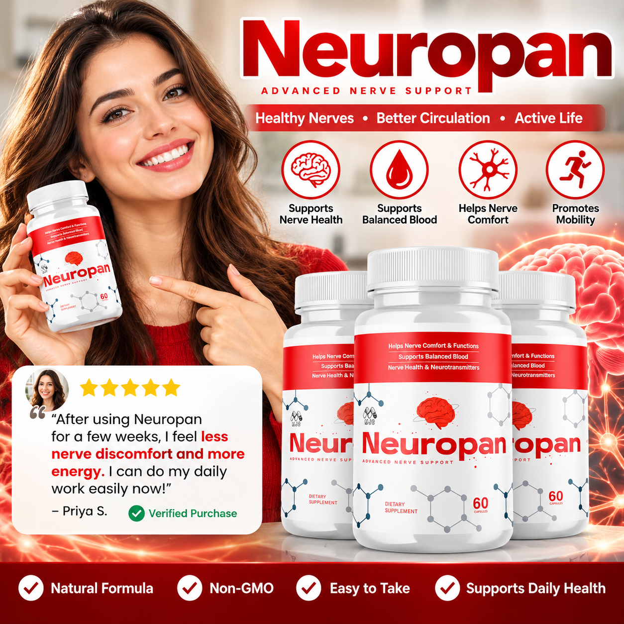 Neuropan bottle held by a customer with a five star review